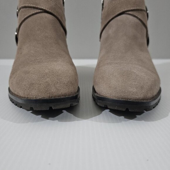 NEW Blondo Shanna Ankle Bootie Womens 7.5 Mushroom Taupe Suede Waterproof Moto - Picture 6 of 13
